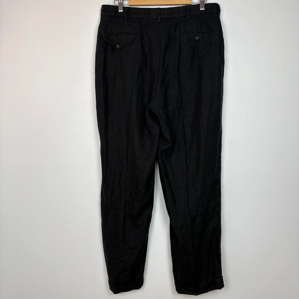 Polo Ralph Lauren Mens Linen Pants 36x32 Black Pleated Cuffed Trousers Vintage